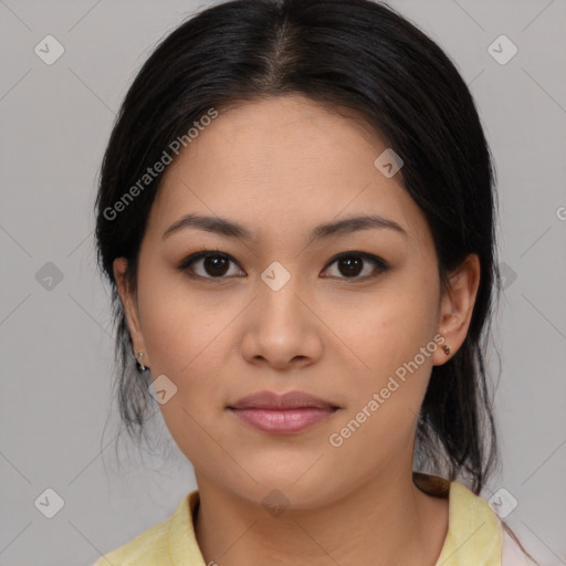 Joyful asian young-adult female with medium  black hair and brown eyes