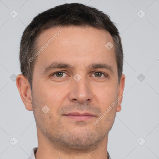 Neutral white adult male with short  brown hair and brown eyes