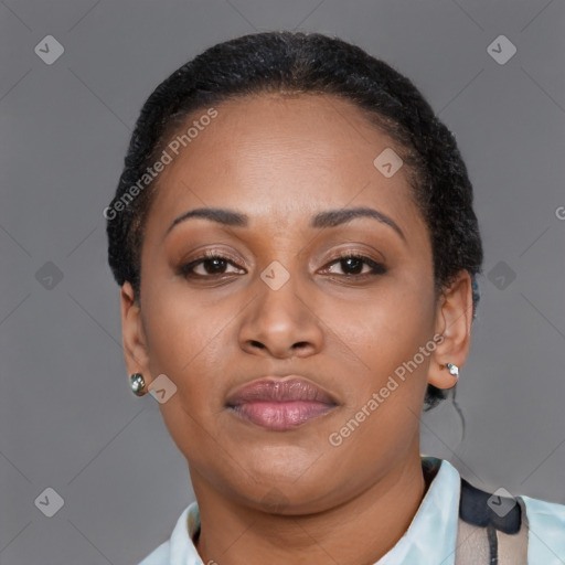 Neutral black young-adult female with short  brown hair and brown eyes