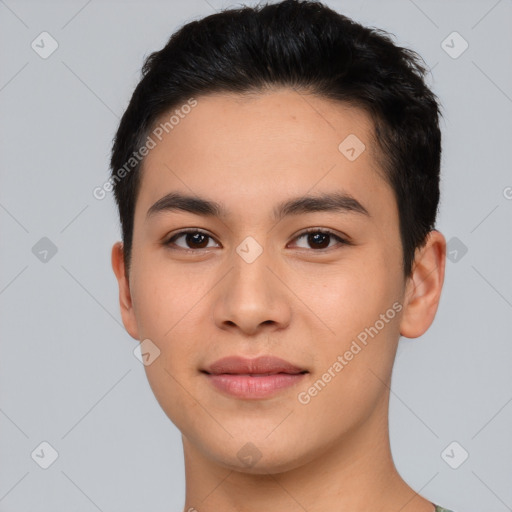 Joyful asian young-adult male with short  black hair and brown eyes