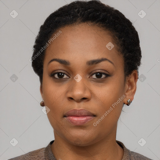 Neutral black young-adult female with short  black hair and brown eyes