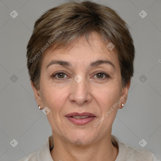 Joyful white adult female with short  brown hair and brown eyes