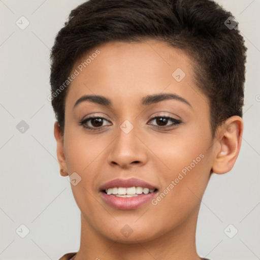 Joyful white young-adult female with short  brown hair and brown eyes