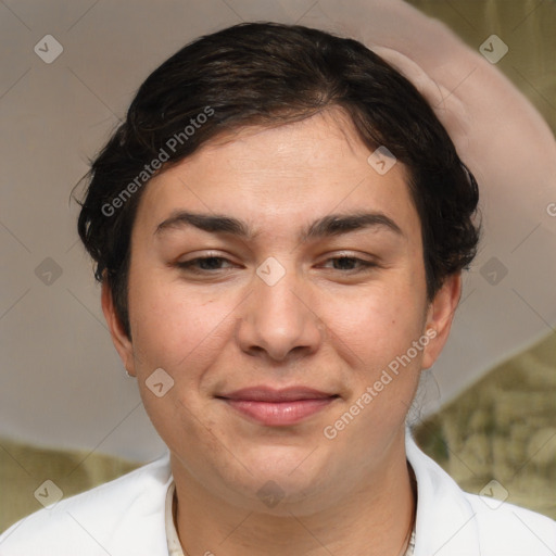 Joyful white adult female with medium  brown hair and brown eyes