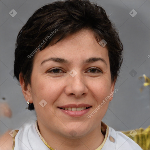 Joyful white adult female with short  brown hair and brown eyes