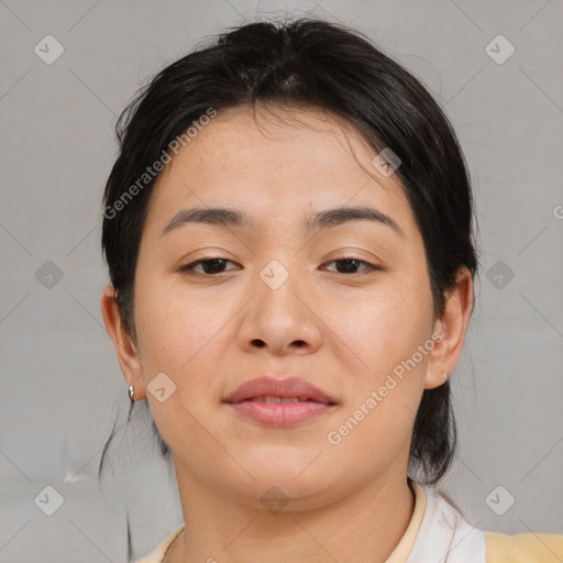 Joyful asian young-adult female with medium  brown hair and brown eyes