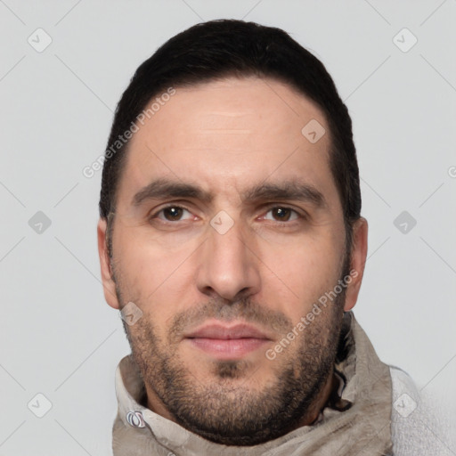 Neutral white adult male with short  brown hair and brown eyes