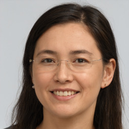 Joyful white adult female with long  brown hair and brown eyes