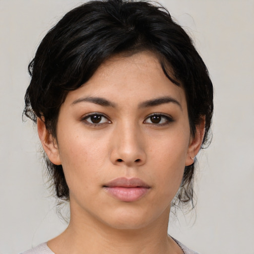 Neutral asian young-adult female with medium  black hair and brown eyes