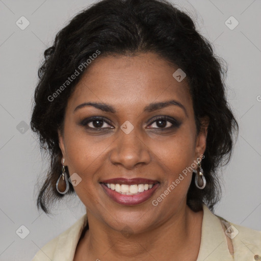 Joyful black young-adult female with medium  brown hair and brown eyes