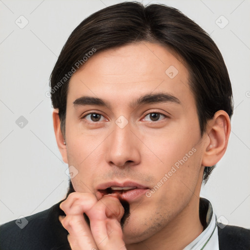 Neutral white young-adult male with short  brown hair and brown eyes