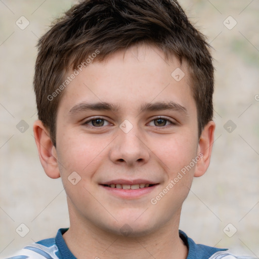 Joyful white child male with short  brown hair and brown eyes