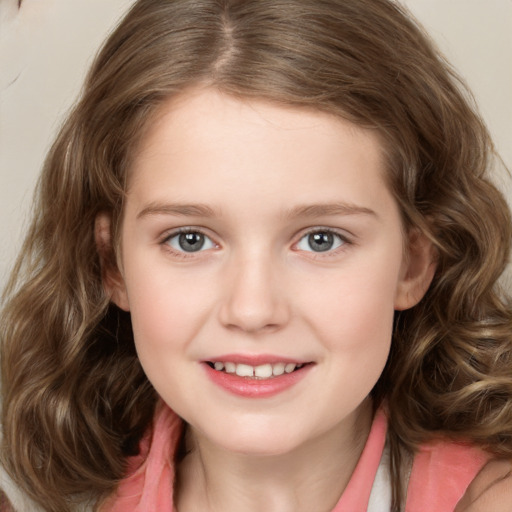 Joyful white child female with medium  brown hair and brown eyes