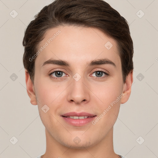 Joyful white young-adult female with short  brown hair and grey eyes