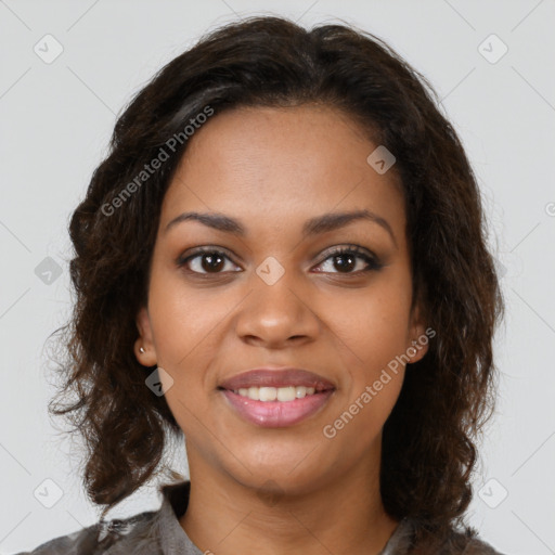 Joyful black young-adult female with medium  brown hair and brown eyes
