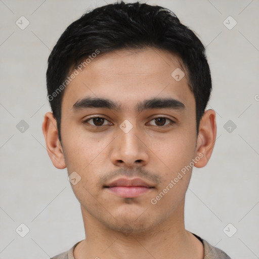 Neutral asian young-adult male with short  black hair and brown eyes