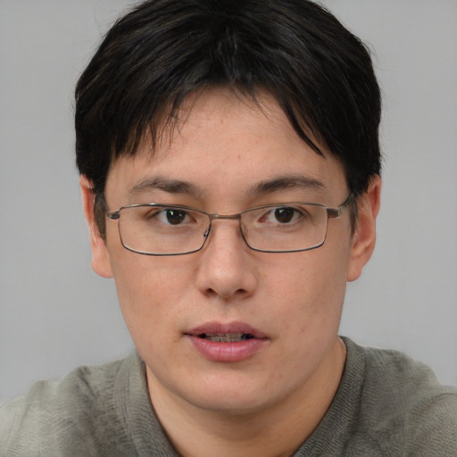 Neutral white young-adult female with short  brown hair and brown eyes