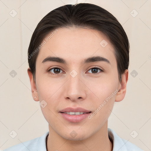 Joyful white young-adult female with short  brown hair and brown eyes