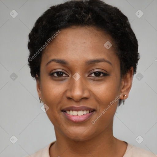 Joyful latino young-adult female with short  black hair and brown eyes