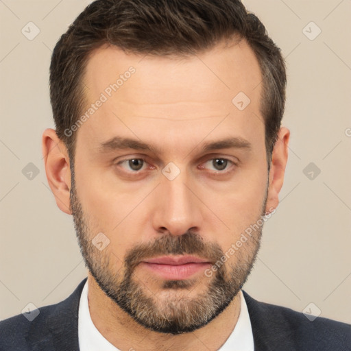 Neutral white adult male with short  brown hair and brown eyes