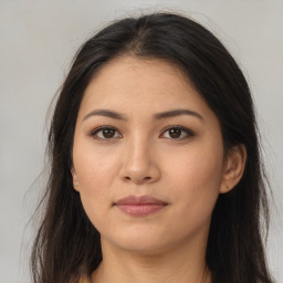 Neutral asian young-adult female with long  brown hair and brown eyes