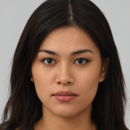 Neutral asian young-adult female with long  brown hair and brown eyes