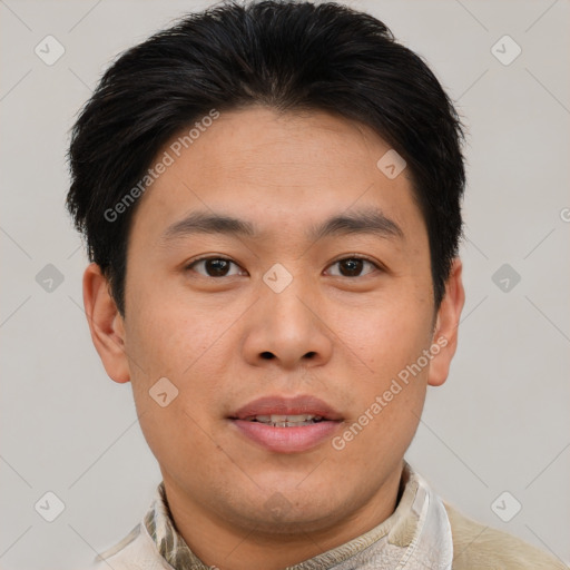 Neutral asian young-adult male with short  brown hair and brown eyes
