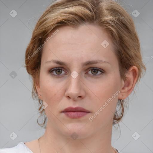 Neutral white young-adult female with medium  brown hair and brown eyes