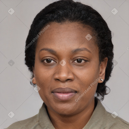 Joyful black adult female with short  black hair and brown eyes