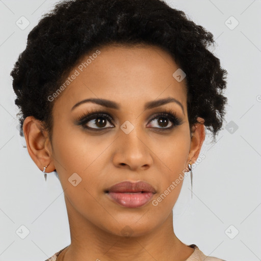 Joyful latino young-adult female with short  black hair and brown eyes