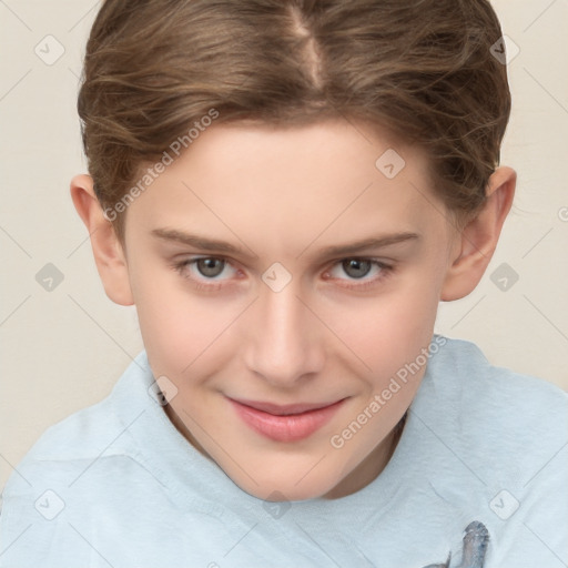 Joyful white child female with short  brown hair and brown eyes