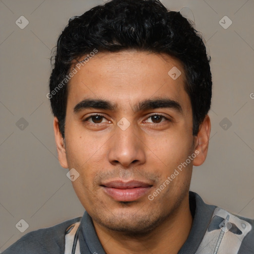 Neutral latino young-adult male with short  black hair and brown eyes