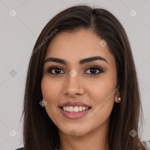 Joyful white young-adult female with long  brown hair and brown eyes