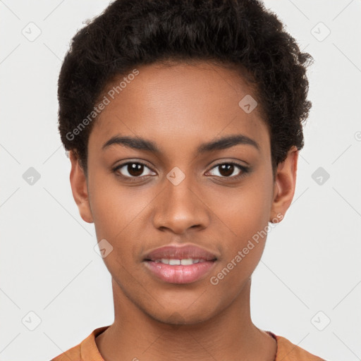 Joyful black young-adult female with short  brown hair and brown eyes