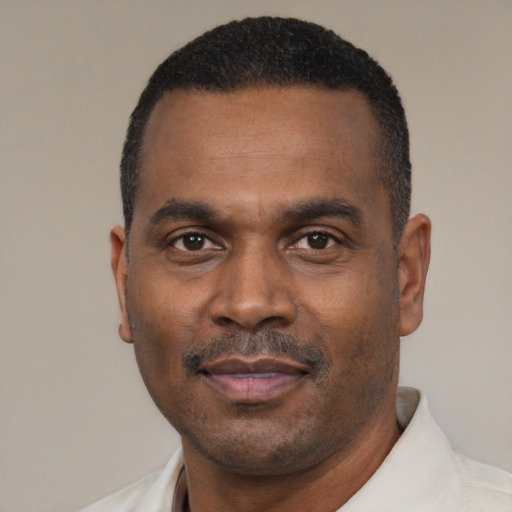 Neutral black adult male with short  black hair and brown eyes