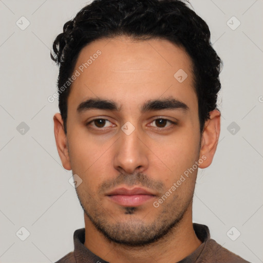 Neutral latino young-adult male with short  black hair and brown eyes