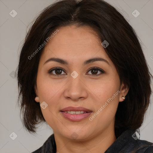 Joyful white adult female with medium  brown hair and brown eyes