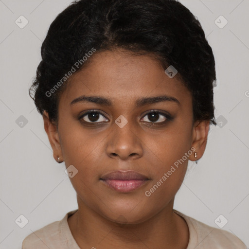 Neutral latino young-adult female with short  brown hair and brown eyes