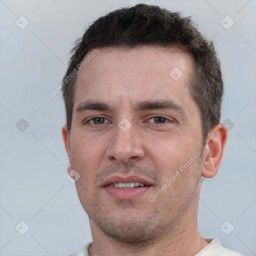 Neutral white young-adult male with short  brown hair and brown eyes