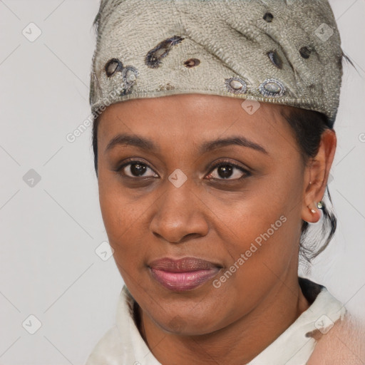 Joyful latino young-adult female with short  black hair and brown eyes