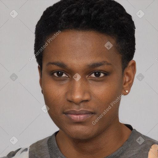 Neutral black young-adult female with short  black hair and brown eyes