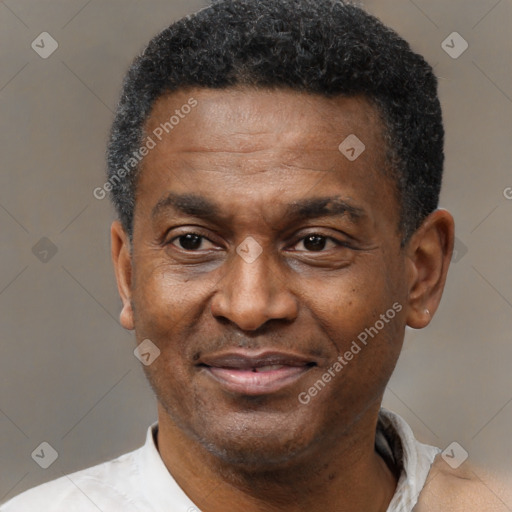 Joyful black adult male with short  black hair and brown eyes