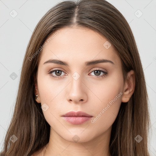 Neutral white young-adult female with long  brown hair and brown eyes