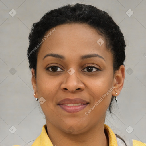 Joyful latino young-adult female with short  brown hair and brown eyes