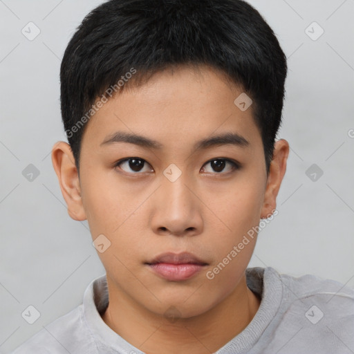 Neutral asian young-adult male with short  brown hair and brown eyes