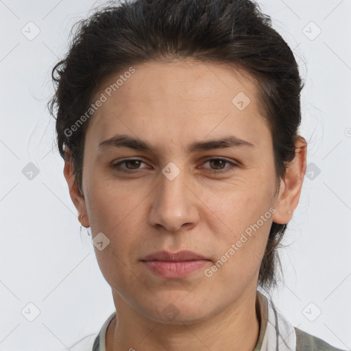 Neutral white young-adult female with short  brown hair and brown eyes