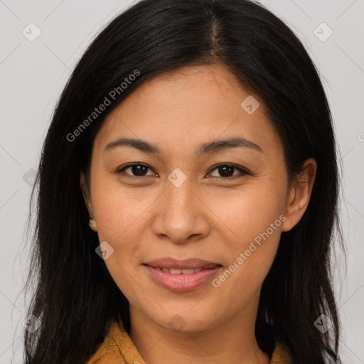 Joyful asian young-adult female with long  brown hair and brown eyes