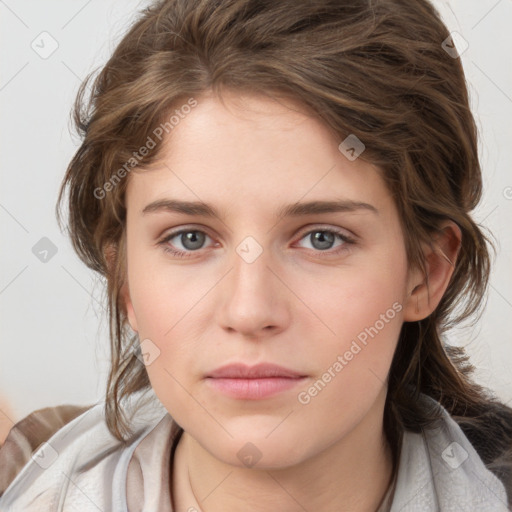 Neutral white young-adult female with medium  brown hair and blue eyes