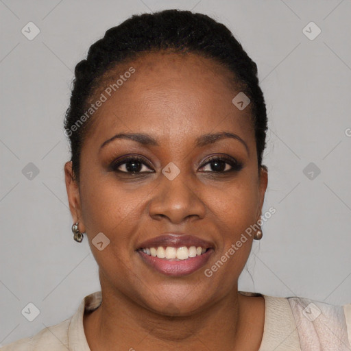 Joyful black young-adult female with short  brown hair and brown eyes