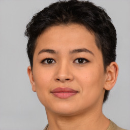 Joyful asian young-adult female with short  brown hair and brown eyes